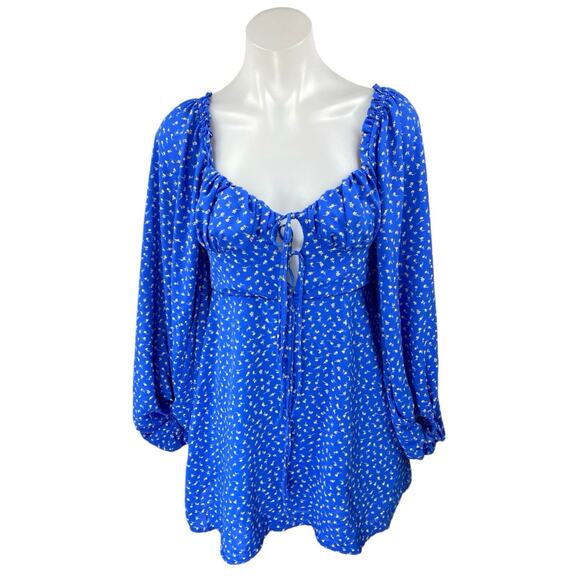 Urban Outfitters Kiss the Sky Blue Floral Cutout Balloon Sleeve Mini Dress Sz S - Picture 1 of 5